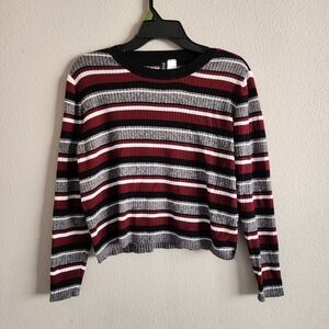Divided Women's Striped Crew Neck Sweater - Burgundy, Black, White